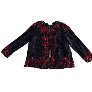 Laurence Kazar Sequin Beaded Embellished Christmas Poinsettia Sweater 2X Jacket